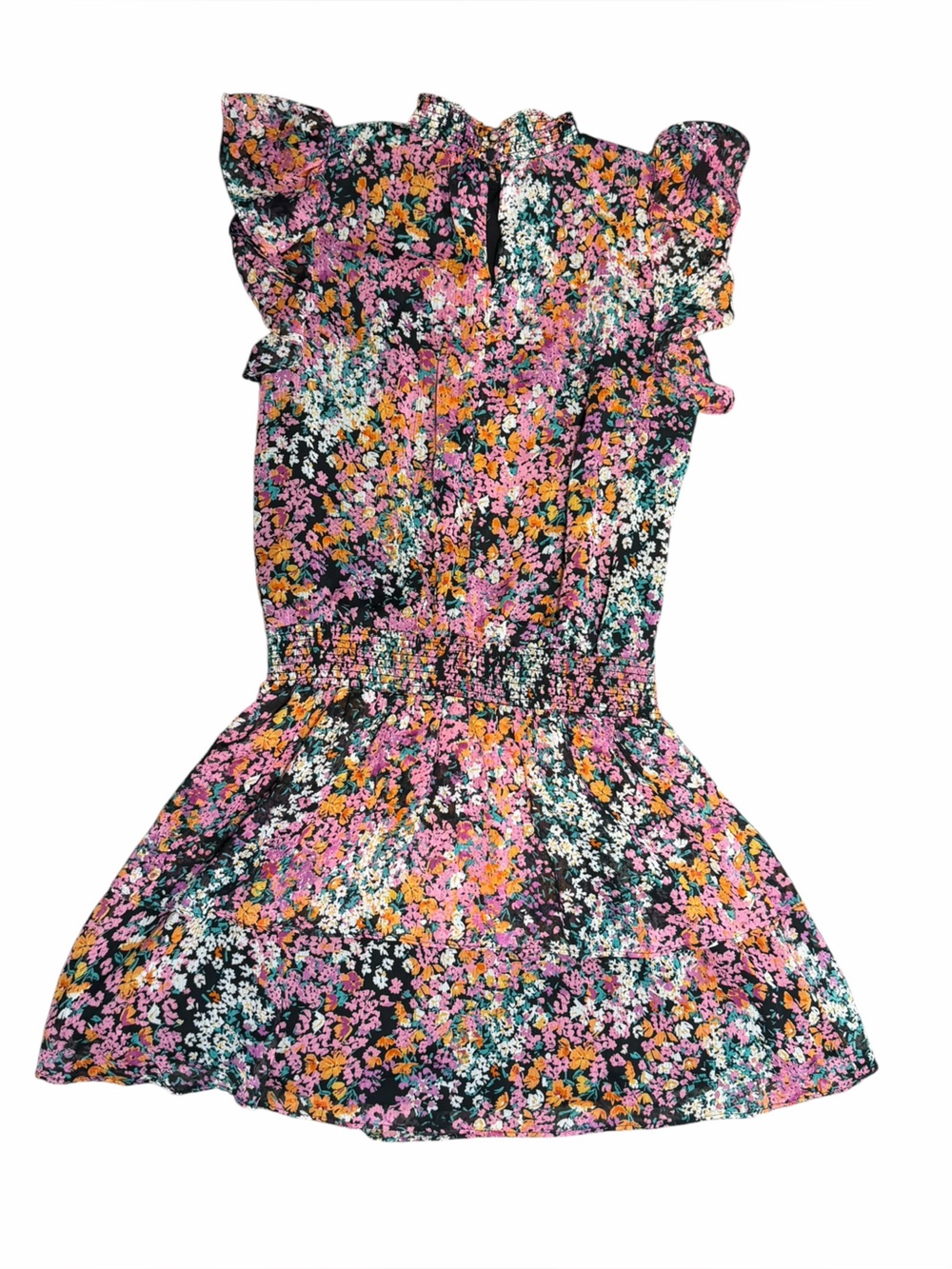 1.STATE Floral Smocked Mock Neck Ruffle Sleeve Mini Dress Black Pink Size Small - Picture 6 of 9
